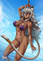 Rule 34 | 1girl, adsouto, ahoge, animal ear fluff, animal ears, arm behind head, arm up, armpits, breasts, cat ears, cat tail, cleavage, closed mouth, covered erect nipples, cowboy shot, dark-skinned female, dark skin, eyepatch, facial scar, ghislaine dedoldia, groin, hair between eyes, highres, holding, holding sword, holding weapon, large breasts, long hair, looking to the side, midriff, muscular, muscular female, mushoku tensei, navel, ocean, one-piece swimsuit, purple one-piece swimsuit, purple slingshot swimsuit, red eyes, scar, scar on cheek, scar on face, scar on stomach, sidelocks, slingshot swimsuit, solo, standing, swimsuit, sword, tail, tail ornament, tail ring, underboob, wading, weapon