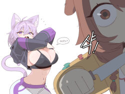 Rule 34 | 2girls, absurdres, animal ears, arms up, black bra, bra, braid, breasts, brown eyes, brown hair, cat ears, cat girl, cat tail, cleavage, clothes lift, cocomayo29 (tomato), commentary request, dog ears, fang, highres, holding, holding knife, hololive, inugami korone, knife, large breasts, lifted by self, long hair, long sleeves, looking at viewer, motion lines, multiple girls, navel, nekomata okayu, open mouth, purple eyes, purple hair, shaded face, simple background, stomach, sweat, tail, translation request, underwear, undressing, virtual youtuber, white background, wide-eyed