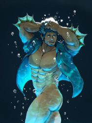 Rule 34 | 1boy, abs, absurdres, air bubble, arms on head, arms up, ass, bara, bare pectorals, beard, blue eyes, blue hair, blue shirt, bottomless, bubble, eru (eruprior), facial hair, fins, fish boy, hand on own head, highres, large pectorals, looking to the side, male focus, mature male, muscular, muscular male, naked shirt, navel, navel hair, nipples, open clothes, open shirt, pectorals, shirt, short hair, sideburns, solo, stomach, stubble, thick thighs, thighs, tokyo houkago summoners, triton (housamo), underwater