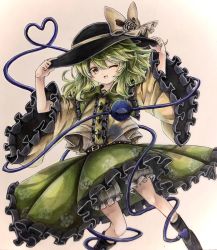 Rule 34 | 1girl, ;d, belt, black belt, black footwear, black hat, blouse, boots, bow, center frills, collared shirt, eyeball, floral print, flower, frilled bow, frilled shirt collar, frilled skirt, frilled sleeves, frills, green eyes, green hair, green skirt, hair between eyes, hands on headwear, hat, hat ribbon, heart, heart of string, highres, hisako (6anmbblfnjueeff), komeiji koishi, layered clothes, long sleeves, looking at viewer, medium hair, one eye closed, open mouth, ribbon, rose, shirt, skirt, smile, solo, third eye, touhou, traditional media, wavy hair, white background, white shirt, wide sleeves, yellow flower, yellow ribbon, yellow rose, yellow shirt