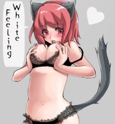Rule 34 | 1girl, animal ears, blush, bra, grabbing another&#039;s breast, breasts squeezed together, breasts, grabbing, heart, large breasts, lingerie, mosho, nipples, panties, red eyes, red hair, short hair, solo, tail, underwear, underwear only