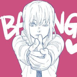 Rule 34 | 1girl, bad id, bad twitter id, bang (gesture), black necktie, braid, braided ponytail, business suit, chainsaw man, finger gun, formal, heart, highres, long hair, long sleeves, looking at viewer, makima (chainsaw man), monochrome, necktie, one eye closed, open mouth, pink background, rei gun, ringed eyes, smalltung, solo, suit, yuu yuu hakusho
