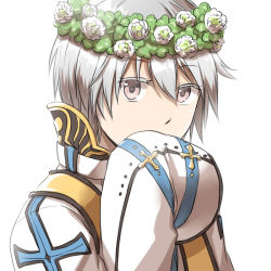 Rule 34 | 1boy, arch bishop (ragnarok online), blue coat, coat, commentary request, grey hair, head wreath, jacket, looking at viewer, male focus, natsuya (kuttuki), pink eyes, ragnarok online, short hair, simple background, sleeves past fingers, sleeves past wrists, solo, upper body, white background, white jacket