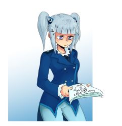 Rule 34 | eyebrows, formal, hair ornament, jacket, leggings, necktie, rkn-chan, russia, russian text, shirt, standing, twintails, uniform, white hair, white shirt