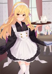 Rule 34 | 2girls, :/, alternate costume, apron, back bow, black kimono, blonde hair, blue dress, blush, blush stickers, bow, braid, brown footwear, buttons, camera, closed eyes, commentary request, cup, dot nose, dress, drooling, enmaided, feet out of frame, frilled apron, frills, green neckwear, green ribbon, hair ribbon, happy, highres, izayoi sakuya, japanese clothes, kanpa (campagne 9), kimono, kirisame marisa, loafers, long hair, long sleeves, looking at viewer, maid, maid apron, maid headdress, multiple girls, purple ribbon, red curtains, ribbon, ribbon-trimmed legwear, ribbon trim, sash, shoes, sidelocks, silver hair, single braid, table, teacup, teapot, thighhighs, touhou, tray, tress ribbon, twin braids, white apron, white legwear, white sash, wide sleeves, window, wooden table, wrist cuffs, yellow eyes