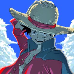 Rule 34 | black cape, buttons, cape, close-up, cloud, collared cape, commentary request, hand on headwear, hat, highres, looking at viewer, monkey d. luffy, one piece, open clothes, open shirt, red shirt, scar, scar on chest, scar on face, shirt, short hair, sky, smile, straw hat, tacchan56110