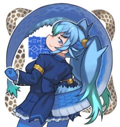 Rule 34 | 1girl, animal ears, blue eyes, blue hair, blue jacket, blue skirt, dragon girl, dragon tail, extra ears, gloves, highres, jacket, kemono friends, long hair, looking at viewer, looking back, pantyhose, ribbon, rinx, seiryuu (kemono friends), shirt, simple background, skirt, solo, tail, twintails