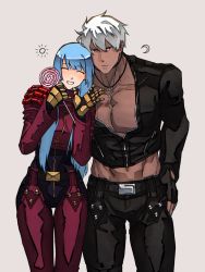 Rule 34 | 1boy, 1girl, alt text, belt, black jacket, black pants, blue hair, candy, closed mouth, cowboy shot, crescent moon, cross, dark-skinned male, dark skin, closed eyes, food, gloves, grey background, grin, hand on another&#039;s shoulder, highres, jacket, jewelry, k&#039; (kof), kula diamond, lollipop, long hair, long sleeves, looking at viewer, moon, navel, pants, pectoral cleavage, pectorals, pendant, pink jacket, pink pants, red gloves, short hair, simple background, smile, standing, sun, syachiiro, the king of fighters, white hair, yellow gloves