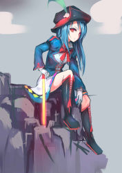Rule 34 | 1girl, alternate costume, black footwear, black hat, blue hair, blue jacket, boots, colored eyelashes, cross-laced footwear, full body, gloves, hat, highres, hinanawi tenshi, jacket, knee boots, lace-up boots, long hair, looking at viewer, neetsr, red eyes, rock, serious, simple background, sitting, sitting on rock, solo, sword of hisou, touhou, white gloves