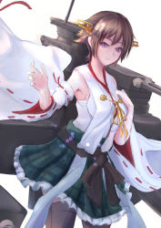 Rule 34 | 10s, 1girl, antiqq, bare shoulders, boots, breasts, brown hair, cannon, cowboy shot, detached sleeves, hairband, hiei (kancolle), highres, japanese clothes, kantai collection, light smile, long hair, mecha musume, miniskirt, nontraditional miko, pantyhose, plaid, plaid skirt, purple eyes, short hair, simple background, skirt, solo, thigh boots, thighhighs, turret, white background