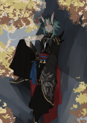 Rule 34 | 1boy, ahoge, arm guards, arm tattoo, bare shoulders, black gloves, black hair, blood, blood on hands, demon horns, eyes visible through hair, facial mark, forehead mark, genshin impact, gloves, green hair, horns, in tree, long hair, looking at viewer, maka (morphine), male focus, multicolored hair, open mouth, parted bangs, shoulder pads, shoulder spikes, sitting, sitting in tree, sleeveless, slit pupils, solo, spikes, tattoo, tree, xiao (genshin impact), yellow eyes