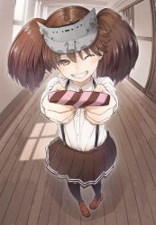 Rule 34 | 10s, 1girl, ;d, black socks, brown eyes, brown footwear, brown hair, buttons, candy, chocolate, chocolate bar, fisheye, food, full body, giving, grin, highres, holding, incoming gift, kantai collection, kneehighs, loafers, long hair, looking at viewer, magatama, one eye closed, open mouth, pleated skirt, pov, ryuujou (kancolle), shoes, skirt, smile, socks, solo, suspender skirt, suspenders, twintails, urigarasu, valentine, visor cap, wooden floor
