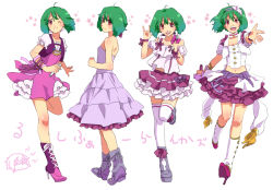 Rule 34 | :d, ;), \m/, ahoge, alternate color, bare shoulders, boots, cero (cerocero), contrapposto, cropped jacket, cross-laced footwear, dress, full body, green hair, hairband, high heel boots, high heels, lace-up boots, layered skirt, looking at viewer, macross, macross frontier, macross frontier: sayonara no tsubasa, microphone, midriff peek, one eye closed, open mouth, outstretched arm, puffy short sleeves, puffy sleeves, ranka lee, red eyes, ribbon, seikan hikou, short hair, short sleeves, skirt, sleeveless, sleeveless dress, smile, standing, standing on one leg, strapless, strapless dress, thighhighs