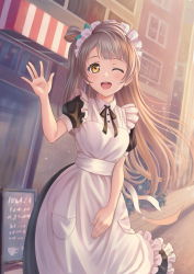 Rule 34 | 1girl, artist request, blush, breasts, brown eyes, female focus, grey hair, highres, long hair, looking at viewer, love live!, love live! school idol project, minami kotori, one eye closed, outdoors, small breasts, solo, standing, wink