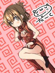 Rule 34 | 10s, 1girl, alternate costume, anchor symbol, artist name, bare legs, brown eyes, brown hair, commentary request, darkside, dress, fighting stance, folded ponytail, high heels, inazuma (kancolle), kantai collection, leg up, patterned background, sleeveless, sleeveless dress, solo, wrist cuffs