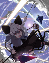 Rule 34 | animal ears, basket, black footwear, capelet, cloud, cloudy sky, dowsing rod, fighting stance, grey hair, jewelry, light rays, long sleeves, looking at viewer, mouse (animal), mouse ears, mouse tail, nazrin, open mouth, otoufu (wddkq314band), panicking, pendant, red eyes, serious, shoes, short hair, sky, sun, tail, touhou