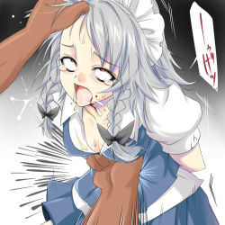 Rule 34 | 1girl, beating, blood, braid, breasts, cleavage, female focus, gradient background, hair ribbon, holding, holding hair, izayoi sakuya, maid, maid cap, male hand, open mouth, pain, punching, ribbon, rolling eyes, ryona, saliva, silver hair, skirt, solo, sweat, tears, touhou, twin braids, violence, white background
