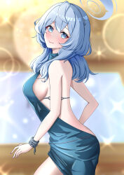 Rule 34 | 1girl, ako (blue archive), ako (dress) (blue archive), artist request, backless dress, backless outfit, bare shoulders, blue archive, blue dress, blue eyes, blue hair, blue halo, blush, breasts, cuffs, dress, evening gown, halo, handcuffs, highres, large breasts, long hair, looking at viewer, shackles, sideboob, sideless dress, single handcuff, sleeveless, sleeveless dress, solo