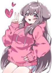 Rule 34 | 1girl, :d, ahoge, animal ears, blush, bow, breasts, brown hair, dog ears, drawstring, hair between eyes, hair bow, hair ornament, hairclip, hand on own hip, heart, highres, hood, hood down, hoodie, long hair, long sleeves, looking at viewer, medium breasts, open mouth, original, pink bow, pink hoodie, puffy long sleeves, puffy sleeves, red eyes, short shorts, shorts, simple background, sleeves past wrists, smile, solo, tosyeo, very long hair, w, white background, white shorts, yangazi (dkwl025)