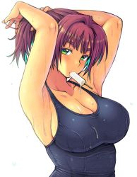 Rule 34 | 1girl, adjusting hair, armpits, arms up, breasts, eroe, food, green eyes, hair tie, large breasts, mouth hold, one-piece swimsuit, original, ponytail, popsicle, school swimsuit, sideboob, solo, swimsuit, tying hair