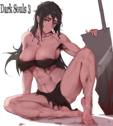 Rule 34 | 1girl, abs, absurdres, areola slip, armpit hair, ass, barefoot, black hair, bra, breasts, censored, character request, collarbone, dark souls (series), dark souls iii, earrings, feet, fingernails, highres, jewelry, large breasts, laserflip, legs, long fingernails, long hair, messy hair, mole, mole under eye, mosaic censoring, muscular, muscular female, pointless censoring, simple background, solo, spread legs, strapless, strapless bra, tagme, tiptoes, toes, underwear, weapon, white background, yellow eyes