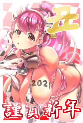 Rule 34 | 1girl, 2021, :o, ahoge, aizono manami, alternate costume, alternate hairstyle, animal ears, animal print, arched back, arm support, armpits, ass, bikini, black collar, body writing, breasts, butt crack, checkered background, chestnut mouth, chinese zodiac, cleavage, collar, covered erect nipples, cow ears, cow horns, cow print, cow print bikini, cow print gloves, cow print thighhighs, cow tail, cowbell, curvy, ear tag, elbow gloves, fake animal ears, fake horns, fake tail, gloves, hairband, hand on own cheek, hand on own face, hanging breasts, happy new year, heart, heart-shaped pupils, highres, horns, huge breasts, leaning forward, long hair, micro bikini, new year, nijisanji, pink eyes, pink hair, ponytail, print bikini, print gloves, print thighhighs, red background, short eyebrows, sideboob, simple background, solo, string bikini, swimsuit, symbol-shaped pupils, tail, thick eyebrows, thighhighs, tsunakun mild, virtual youtuber, white background, white hairband, year of the ox