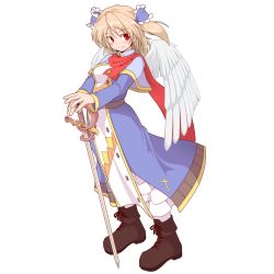 Rule 34 | 1girl, angel wings, bad id, bad pixiv id, blush, brown hair, colored eyelashes, dress, full body, kanenoya, michel sant&#039;angelo, mystical power plant, original, rapier, red eyes, scarf, shawl, shoes, short hair, smile, solo, sword, touhou, transparent background, two side up, weapon, white background, wings
