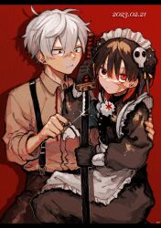 Rule 34 | 1boy, 1girl, apron, black dress, black eyes, black hair, black pants, broken cup, brown shirt, closed mouth, collared shirt, cup, dated, dress, hair between eyes, hair ornament, heterochromia, highres, holding, holding cup, holding sheath, long sleeves, looking at viewer, maid, maid headdress, multicolored hair, original, pants, red eyes, red hair, scar, scar across eye, scar on face, sheath, shinagire (sinanohaka), shirt, skull hair ornament, suspenders, unsheathing, weapon, white apron, white hair
