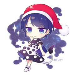 Rule 34 | 1girl, blue eyes, blue hair, blush, book, chibi, cow tail, dated, doremy sweet, full body, hat, holding, holding book, looking at viewer, nightcap, parted lips, red hat, short hair, smile, solo, tail, touhou, yamayu