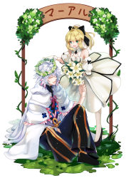 Rule 34 | 1boy, 1girl, :d, absurdres, ahoge, artoria pendragon (all), artoria pendragon (fate), black bow, black footwear, black pants, blonde hair, bouquet, bow, breasts, cleavage, closed eyes, detached collar, detached sleeves, dress, fate/unlimited codes, fate (series), floating hair, flower, full body, gloves, green eyes, hair between eyes, hair bow, head wreath, high heels, highres, holding, holding bouquet, kotatsu kaya, long hair, medium breasts, merlin (fate), open mouth, pants, ponytail, pumps, saber lily, short sleeves, silver hair, sleeveless, sleeveless dress, smile, strapless, strapless dress, white background, white dress, white flower, white gloves, white legwear, white sleeves