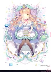 Rule 34 | 1girl, ;), absurdres, armchair, bare shoulders, blush, bottle, box, brown pantyhose, chair, closed mouth, collarbone, crown, dress, earrings, frilled dress, frills, green footwear, green ribbon, hand up, head tilt, highres, holding, jewelry, knees together feet apart, light brown hair, long hair, mini crown, neck ribbon, off-shoulder dress, off shoulder, on chair, one eye closed, original, pantyhose, red ribbon, ribbon, scan, shoes, sitting, smile, solo, sparkle, star (symbol), very long hair, wasabi (sekai), white dress, yellow eyes