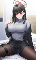 Rule 34 | 1girl, black hair, blue archive, breasts, bright pupils, expulse, highres, large breasts, long hair, long sleeves, looking at viewer, red eyes, rio (blue archive), sitting, solo, white pupils