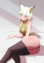 Rule 34 | 1girl, animal ear fluff, animal ears, arknights, ass, bare shoulders, bed, bed sheet, black panties, black thighhighs, blush, breasts, cat ears, cleavage, cleavage cutout, closed mouth, clothing cutout, fazekas, feet out of frame, green eyes, green hair, green sweater, grey background, highres, kal&#039;tsit (arknights), looking at viewer, medium hair, meme attire, on bed, panties, short hair, sitting, sleeveless, sleeveless sweater, small breasts, solo, sweat, sweater, thighhighs, thighs, underwear, virgin killer sweater, white hair, yellow sweater