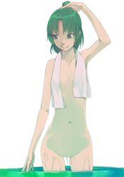 Rule 34 | 1girl, akinbo (hyouka fuyou), arm up, armpits, collarbone, cowboy shot, flat chest, green eyes, green hair, high ponytail, highres, looking to the side, midorikawa nao, navel, no pussy, nude, precure, short hair, smile precure!, solo, standing, towel, towel around neck, wading, water