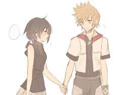 Rule 34 | ..., 1boy, 1girl, ?, black hair, blonde hair, blush, highres, holding hands, jewelry, kingdom hearts, kingdom hearts iii, looking at another, necklace, printemps, roxas, short hair, simple background, sketch, skirt, sleeveless, spiked hair, spoken ellipsis, upper body, white background, wristband, xion (kingdom hearts)
