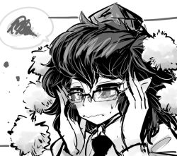 Rule 34 | 1girl, bespectacled, embarrassed, glasses, greyscale, hat, image sample, looking away, md5 mismatch, monochrome, necktie, pointy ears, resized, shameimaru aya, short hair, solo, tokin hat, touhou, yt (wai-tei)