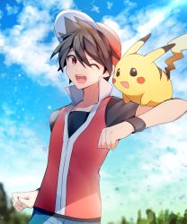 Rule 34 | 1boy, arm up, baseball cap, black hair, black shirt, blue sky, blush stickers, clenched hands, cloud, collarbone, creatures (company), day, game freak, gen 1 pokemon, hat, highres, looking at another, looking to the side, male focus, nintendo, on shoulder, one eye closed, open mouth, outdoors, pikachu, pokemon, pokemon (creature), pokemon adventures, pokemon frlg, pokemon on shoulder, red (pokemon), red eyes, red hat, red vest, shirt, short hair, short sleeves, sky, smile, standing, teeth, tree, vest, wristband, yuhi (hssh 6)