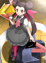 Rule 34 | 10s, 1girl, ascot, bad id, bad pixiv id, badge, brown hair, creatures (company), dress, from above, full body, game freak, gen 3 pokemon, grey dress, gym leader, gym leader badge, hair ornament, hair slicked back, highres, holding, holding poke ball, long hair, mary janes, nintendo, nosepass, pantyhose, pink pantyhose, poke ball, pokemon, pokemon (creature), pokemon oras, red eyes, roxanne (pokemon), shoes, smile, solo focus, stone badge, twintails, zetsuei (zetto)