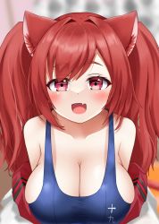 Rule 34 | 1girl, :d, animal ear fluff, animal ears, azur lane, blurry, blush, breasts, cat ears, cat girl, cleavage, depth of field, fang, hair intakes, highres, i-19 (azur lane), jacket, large breasts, long hair, open clothes, open jacket, open mouth, red eyes, school swimsuit, skin fang, skindentation, smile, solo, swimsuit, twintails, upper body, xiao (gensou8953)