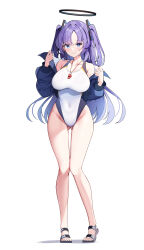 1girl absurdres blue_archive blue_eyes blue_jacket blush breasts closed_mouth collarbone competition_swimsuit cosplay full_body gluteal_fold halo highleg highleg_one-piece_swimsuit highres jacket kanna_(blue_archive) kanna_(blue_archive)_(cosplay) kanna_(swimsuit)_(blue_archive) large_breasts long_hair long_sleeves looking_at_viewer mechanical_halo one-piece_swimsuit open_clothes open_jacket purple_hair sandals simple_background sob_(submar1089) solo standing swimsuit toes two_side_up whistle whistle_around_neck white_background white_one-piece_swimsuit yuuka_(blue_archive)