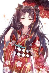 Rule 34 | 1girl, absurdres, alternate costume, black gloves, black hair, black ribbon, blurry, blush, c:, closed mouth, collarbone, depth of field, earrings, fate/grand order, fate (series), female focus, floral print, frilled gloves, frills, gloves, hair ornament, hair ribbon, hands up, highres, holding, holding umbrella, hoop earrings, ishtar (fate), ishtar (formal dress) (fate), japanese clothes, jewelry, junpaku karen, kimono, long hair, long sleeves, looking at viewer, neck, oil-paper umbrella, parted bangs, red eyes, red kimono, ribbon, sash, smile, solo, sparkle, standing, tohsaka rin, two side up, type-moon, umbrella, white background, wide sleeves