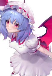 Rule 34 | 1girl, :&gt;, absurdres, bat wings, bisco (bisco art), blue hair, blush, bow, breasts, closed mouth, commentary request, danmaku, dress, feet out of frame, frilled shirt collar, frills, from above, hair between eyes, hat, hat bow, highres, huge filesize, leaning forward, medium breasts, medium hair, mob cap, outdoors, puffy short sleeves, puffy sleeves, red bow, red eyes, remilia scarlet, short sleeves, simple background, solo, touhou, white background, white dress, white hat, wings