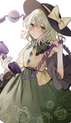Rule 34 | 1girl, black hat, blouse, blurry, blurry background, bow, corded phone, floral print, frilled shirt collar, frilled sleeves, frills, green eyes, green hair, green skirt, hanako11086, hat, hat bow, heart, heart of string, highres, holding, holding phone, komeiji koishi, long sleeves, looking at viewer, phone, rose print, shirt, skirt, solo, third eye, touhou, white background, wide sleeves, yellow shirt