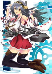Rule 34 | 10s, 1girl, bare shoulders, black hair, black thighhighs, boots, breasts, brown eyes, detached sleeves, gears, hairband, haruna (kancolle), high heels, japanese clothes, kantai collection, large breasts, long hair, miko, miniskirt, nontraditional miko, open mouth, personification, ribbon-trimmed sleeves, ribbon trim, shiny skin, skirt, smile, solo, taut clothes, thigh boots, thighhighs, turret, yuu (asaiyuji), zettai ryouiki