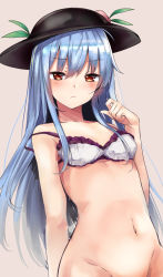 Rule 34 | 1girl, arm behind back, black hat, blue hair, bottomless, bra, breasts, closed mouth, collarbone, frown, grey background, groin, hair between eyes, hat, highres, hinanawi tenshi, long hair, looking at viewer, navel, off shoulder, red eyes, simple background, sketch, small breasts, solo, straight hair, touhou, underwear, very long hair, white bra, yuhito (ablbex)