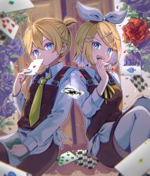 Rule 34 | 1boy, 1girl, :d, ace (playing card), ahoge, blonde hair, blue eyes, bow, card, covering own mouth, diamond (shape), envelope, flower, hair bow, hair ornament, hairclip, heart, highres, hitobashira alice (vocaloid), holding, holding card, holding envelope, joker (playing card), kagamine len, kagamine rin, kitsunemame, long sleeves, open mouth, overalls, pantyhose, parted bangs, playing card, ponytail, rose, short hair, shorts, sitting, smile, spade (shape), vocaloid
