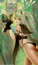 Rule 34 | 1girl, ass, back tattoo, bad id, bad twitter id, bare shoulders, bikini, bikini bottom only, bird, bird on hand, black bikini, black gloves, butterfly wings, cowboy shot, creature, crop top, from behind, gloves, green eyes, green theme, hair wings, highres, horns, insect wings, looking at viewer, looking back, myabit, sailor collar, short hair, silver hair, skull, solo, swimsuit, tattoo, thighs, watermark, wide sleeves, wings