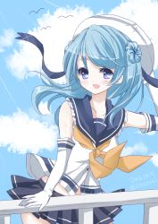 Rule 34 | 10s, 1girl, :d, blue eyes, blue hair, day, double bun, elbow gloves, gloves, hair bun, hand on headwear, hat, highres, kantai collection, koyoi (ruka), looking at viewer, matching hair/eyes, open mouth, pleated skirt, school uniform, serafuku, skirt, sky, sleeves rolled up, smile, solo, urakaze (kancolle), white gloves, white hat, wind