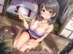 Rule 34 | 1girl, bare arms, bare shoulders, black hair, black shorts, breasts, brown eyes, camisole, cleavage, collarbone, crop top, day, dolphin shorts, from above, grin, hand on own thigh, highres, holding, jewelry, kuria (clear trip second), lap pillow invitation, large breasts, long hair, looking at viewer, micro shorts, midriff, mimikaki, necklace, non-web source, open mouth, original, purple shirt, shirt, short shorts, shorts, sitting, sleeveless, sleeveless shirt, smile, solo, spaghetti strap, strap slip, tan, tanline, teeth, thighs, veranda, wariza