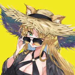 Rule 34 | 1girl, ;d, adjusting eyewear, adjusting glasses, animal ears, arknights, aviator sunglasses, bikini, black bikini, blonde hair, bracelet, breasts, cleavage, commentary request, green eyes, hat, highres, jewelry, long hair, looking at viewer, looking over eyewear, looking over glasses, md5 mismatch, o-ring, one eye closed, open mouth, photoshop (medium), simple background, smile, solo, srpzk, straw hat, sunglasses, swimsuit, swire (arknights), tiger ears, tinted eyewear, yellow-tinted eyewear, yellow-tinted glasses, yellow background